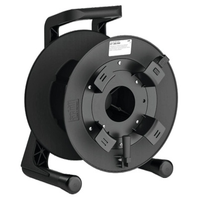 Carretel de extensão elétrica preto com suporte e pé de apoio