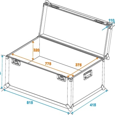 Caixa retangular técnica com tampa aberta e medidas em milímetros