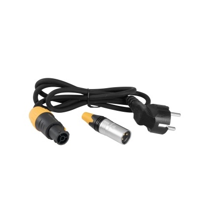 Cabo elétrico preto com ficha europeia e conectores circulares amarelos e prateados