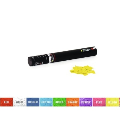 Micro tubo de confetti preto com papéis amarelos e faixa de cores colorida