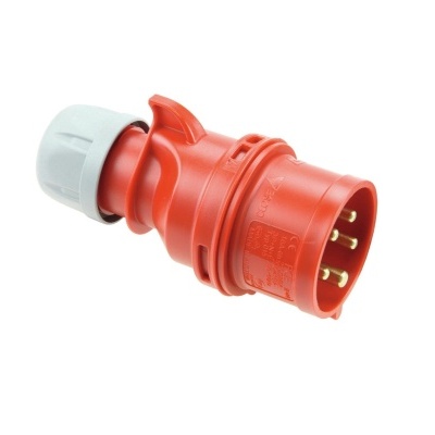 Conector elétrico industrial vermelho e cinza com pinos metálicos