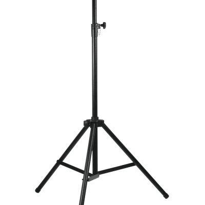 Tripé preto em metal com três pernas e ajuste de altura