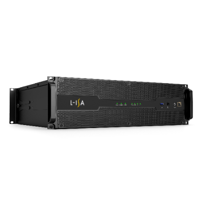 Equipamento eletrônico preto do tipo servidor com luzes LED e logotipo L-ISA