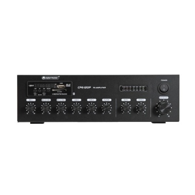 Amplificador preto DAYTON AUDIO CN1200P com visor digital e múltiplas entradas