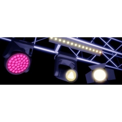 Três holofotes de iluminação de palco montados numa estrutura metálica, com luzes vermelha, branca e amarela.