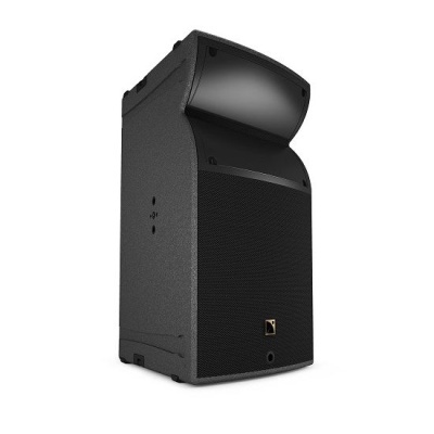 Coluna de som preta com grelha frontal em tecido e corpo texturado