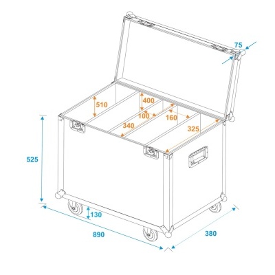 Mala branca de transporte com rodas e compartimentos internos com várias medidas em milímetros.