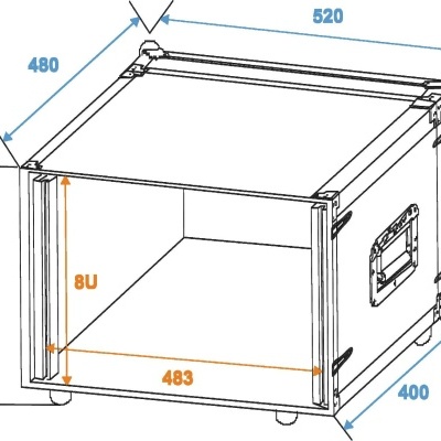 Ilustração técnica de caixa de equipamento com medidas e alça lateral