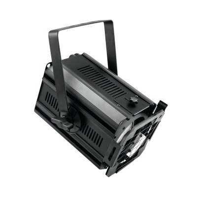 Projetor de luz preto com estrutura metálica e alça de fixação