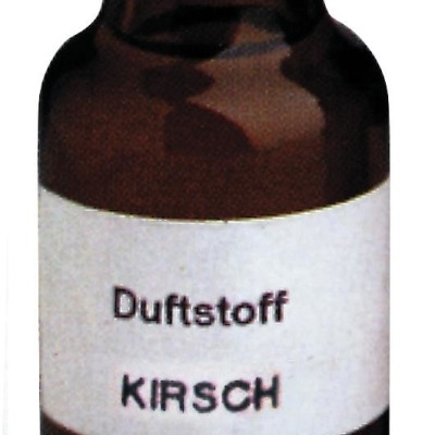 Frasco de vidro castanho com tampa preta e etiqueta branca com texto preto Kirsch