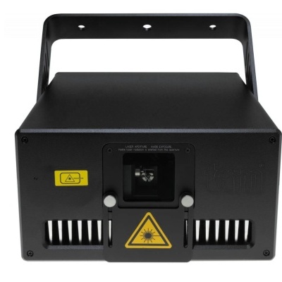 Projetor de laser preto com avisos de segurança em etiqueta amarela