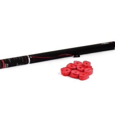 tubo preto com detalhes vermelhos e brancos ao lado de 10 rolos vermelhos sobre fundo branco