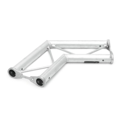 Peça metálica prateada com tubos e ranhuras em fundo branco