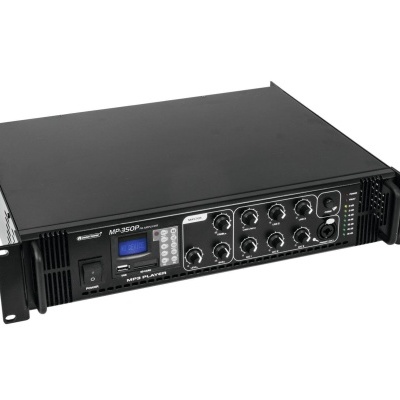 Amplificador de som profissional preto com painel frontal e botão de power