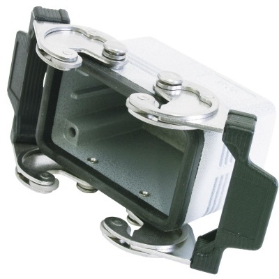 Conector elétrico retangular com vedação preta e partes metálicas prateadas