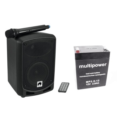 Coluna portátil preta, microfone, comando remoto e bateria Multipower MP2.9-12