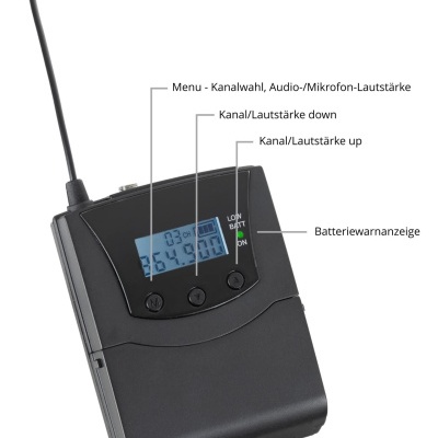 Dispositivo preto com ecrã LCD azul e três botões, uma antena longa e anotações em alemão