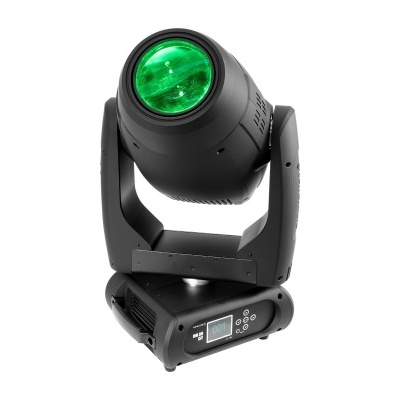 Projetor móvel LED preto com lente verde e base com ecrã digital