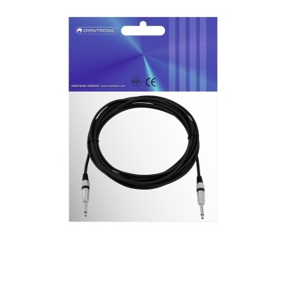 Cabo de áudio preto com conectores jack e embalagem azul