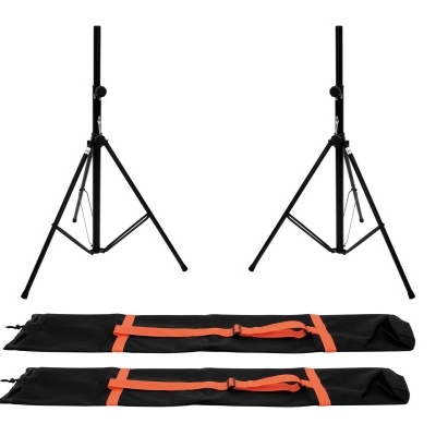 Par de suportes de tripé preto com bolsas de transporte pretas e alças laranjas