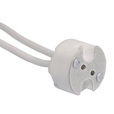 Suporte para lâmpada cerâmico branco com fios e acabamento metálico