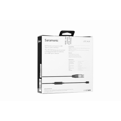 Embalagem branca do cabo adaptador Saramonic UTC-XLR para microfone XLR a USB Tipo-C