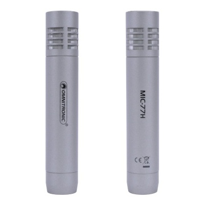 Microfone cinzento metálico com texto OMNITRONIC e MIC-7H