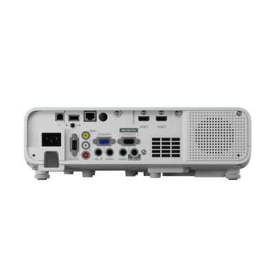 Parte traseira de projetor branco com várias portas e grelha de ventilação