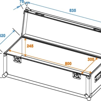 Baú retangular técnico aberto com dimensões em milímetros e fechos nas laterais