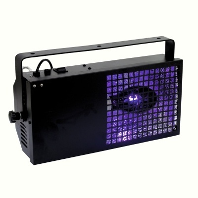 Luz de efeito estroboscópico preta com grelha frontal e alça de suporte