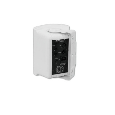 Coluna de som branca com painéis traseiros pretos e botões de controlo