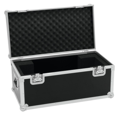 Mala de transporte rígida preta com tampa aberta e interior em espuma preta ondulada