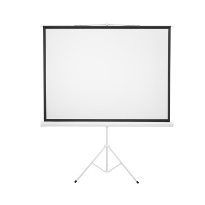Ecrã de projeção branco com bordas pretas em tripé branco