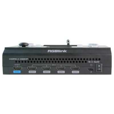 Dispositivo divisor HDMI preto RGBlink com entradas HDMI e botão de energia