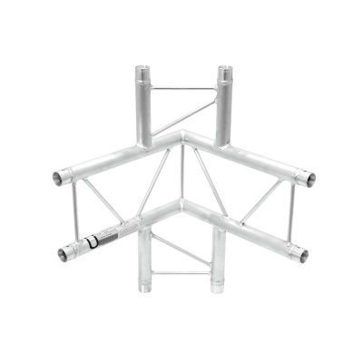 Suporte metálico em alumínio prata com estrutura triangular e tubos cilíndricos