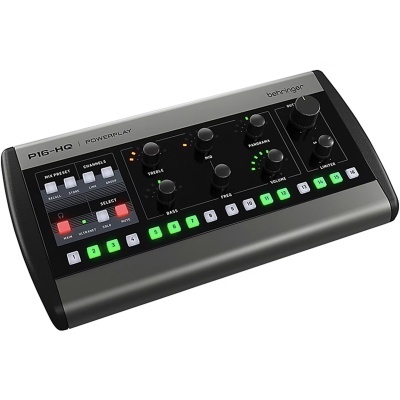 Interface de áudio Behringer P16-HQ cinza e preto com botões e luzes LED
