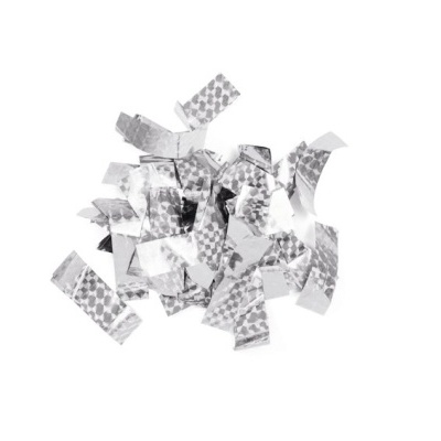 Tiras prateadas com padrão quadriculado sobre fundo branco.