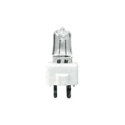 Lâmpada halogénea pequena com base branca e bulbo de vidro transparente