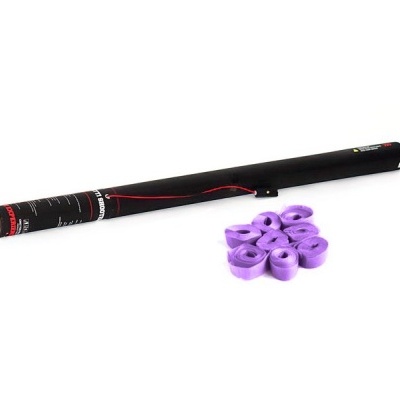 Varinha de confettis preta com rolos roxos sobre fundo branco