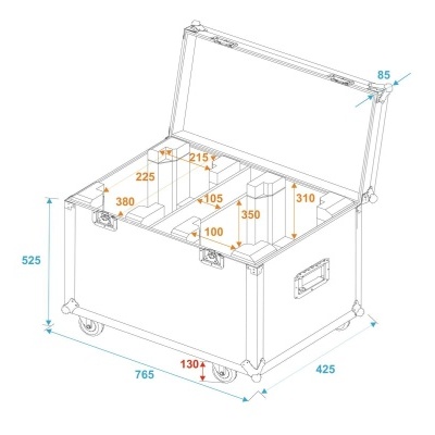 Ilustração técnica de baú de transporte metálico com medidas e divisórias internas, montado em rodízios.
