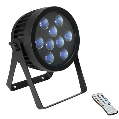 Projetor de luz LED preto com nove LEDs e comando remoto