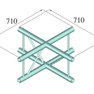 Estrutura metálica quadrada azul claro com tubos cilíndricos e cruzamentos para suporte