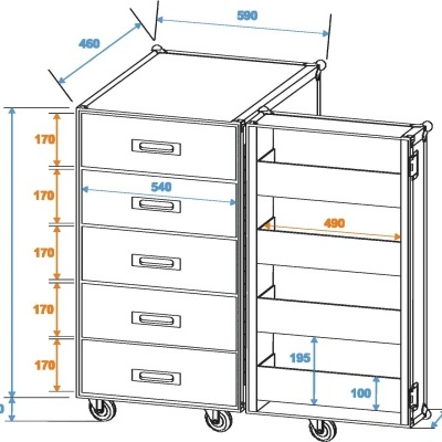 Desenho técnico de móvel de escritório com gavetas e porta lateral com prateleiras
