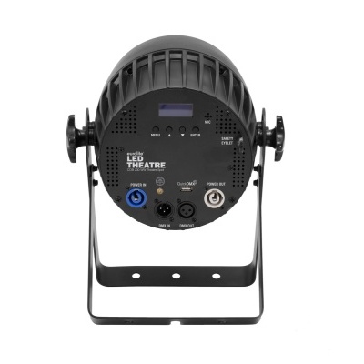 Holofote LED preto com visor e conexões numa base metálica