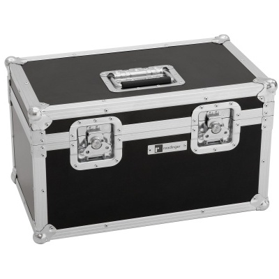 Estojo de transporte preto com armação metálica prateada e fechaduras duplas