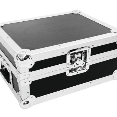 Mala rígida preta com moldura metálica prateada e fechadura cromada