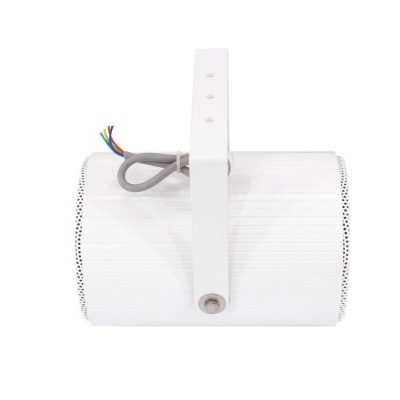 Coluna de som portátil branca com suporte e fios coloridos