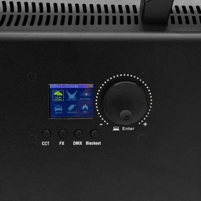 Painel de controlo de dispositivo eletrónico preto com ecrã colorido e botão rotativo