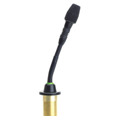 Microfone preto com espuma de proteção e suporte flexível sobre base dourada