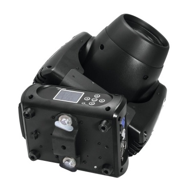 Luz de palco preta com ecrã digital e botões em fundo branco